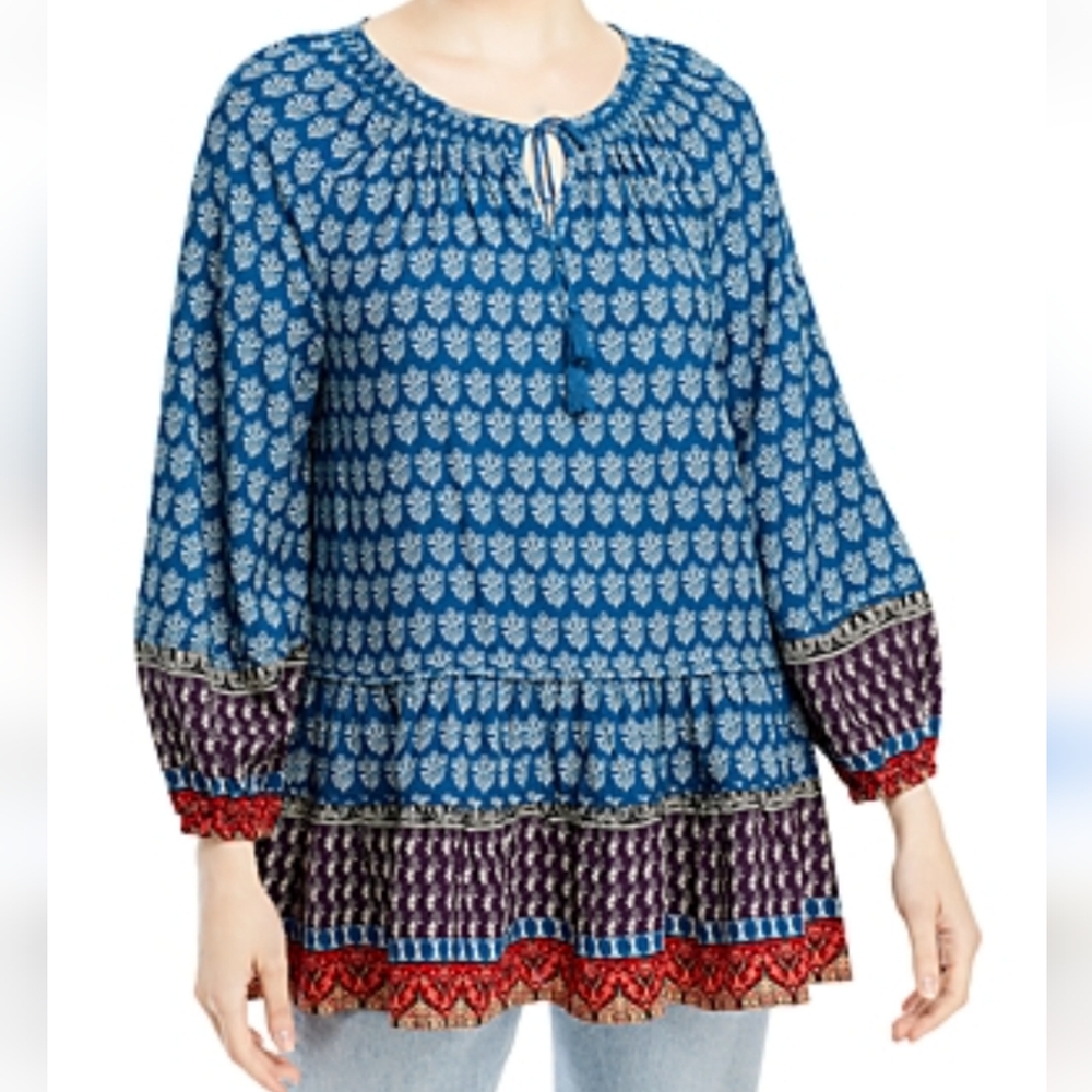 Beach lunch lounge Marni print blue boho peasant lightweight tunic top. Large